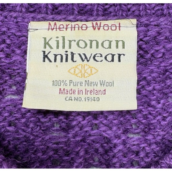 VTG Kilronan Wool Cable Knit Ireland Fisherman Cardigan Sweater Purple Buttons M - Picture 3 of 9